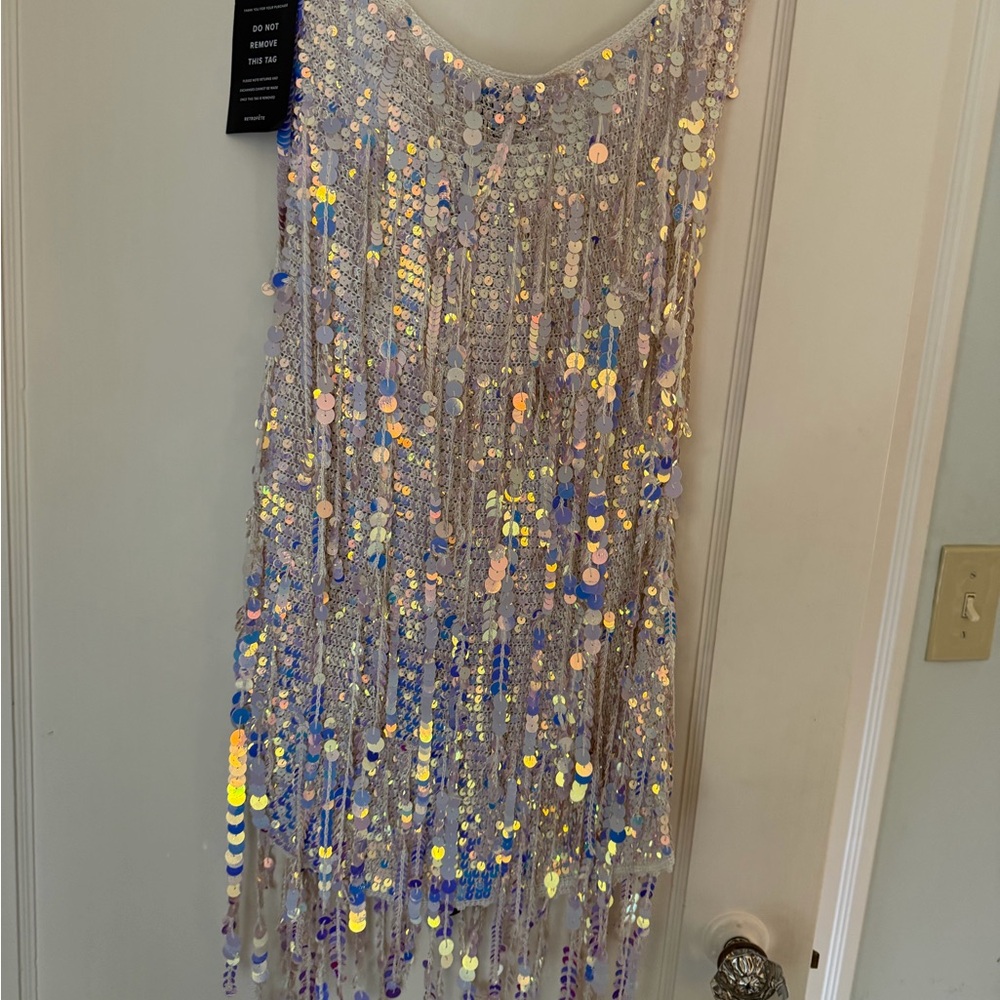Retrofete Strapless Sequin Fringe Mini Dress in Iridescent Lilac and Blue - Picture 11 of 12